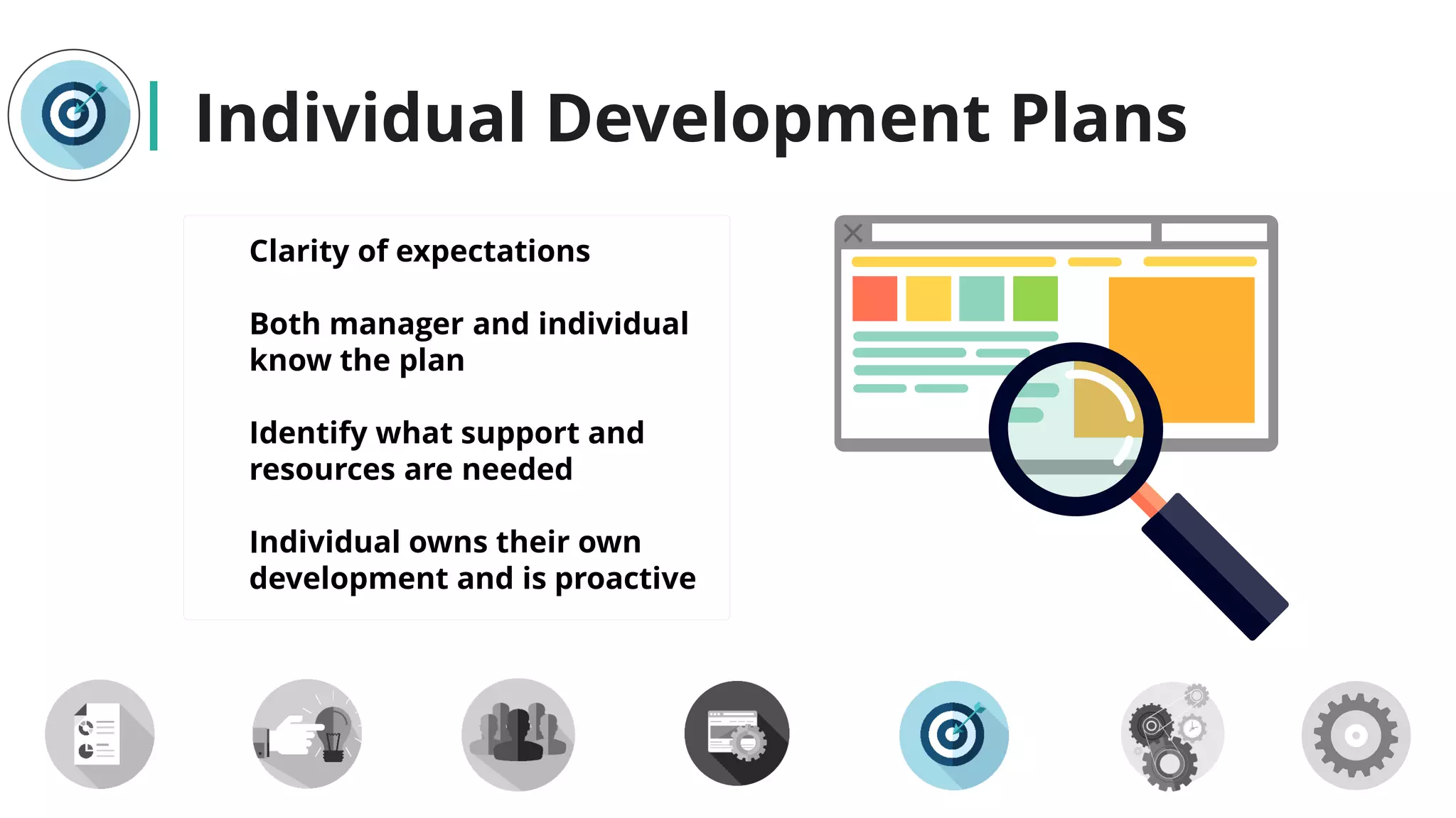 Individual Development Plans
Clarity of expectations
Both manager and individual
know the plan
Identify what support and
resources are needed
Individual owns their own
development and is proactive
 
