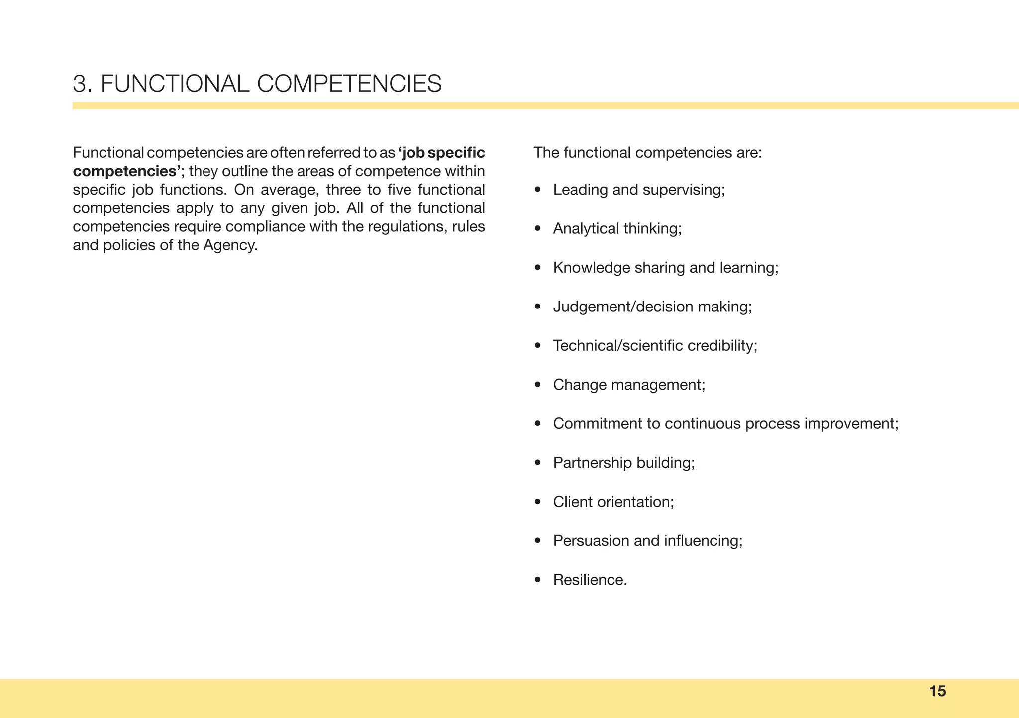 15
3. FUNCTIONAL COMPETENCIES
Functional competencies are often referred to as ‘job specific
competencies’; they outline the areas of competence within
specific job functions. On average, three to five functional
competencies apply to any given job. All of the functional
competencies require compliance with the regulations, rules
and policies of the Agency.
The functional competencies are:
• Leading and supervising;
• Analytical thinking;
• Knowledge sharing and learning;
• Judgement/decision making;
• Technical/scientific credibility;
• Change management;
• Commitment to continuous process improvement;
• Partnership building;
• Client orientation;
• Persuasion and influencing;
• Resilience.
 