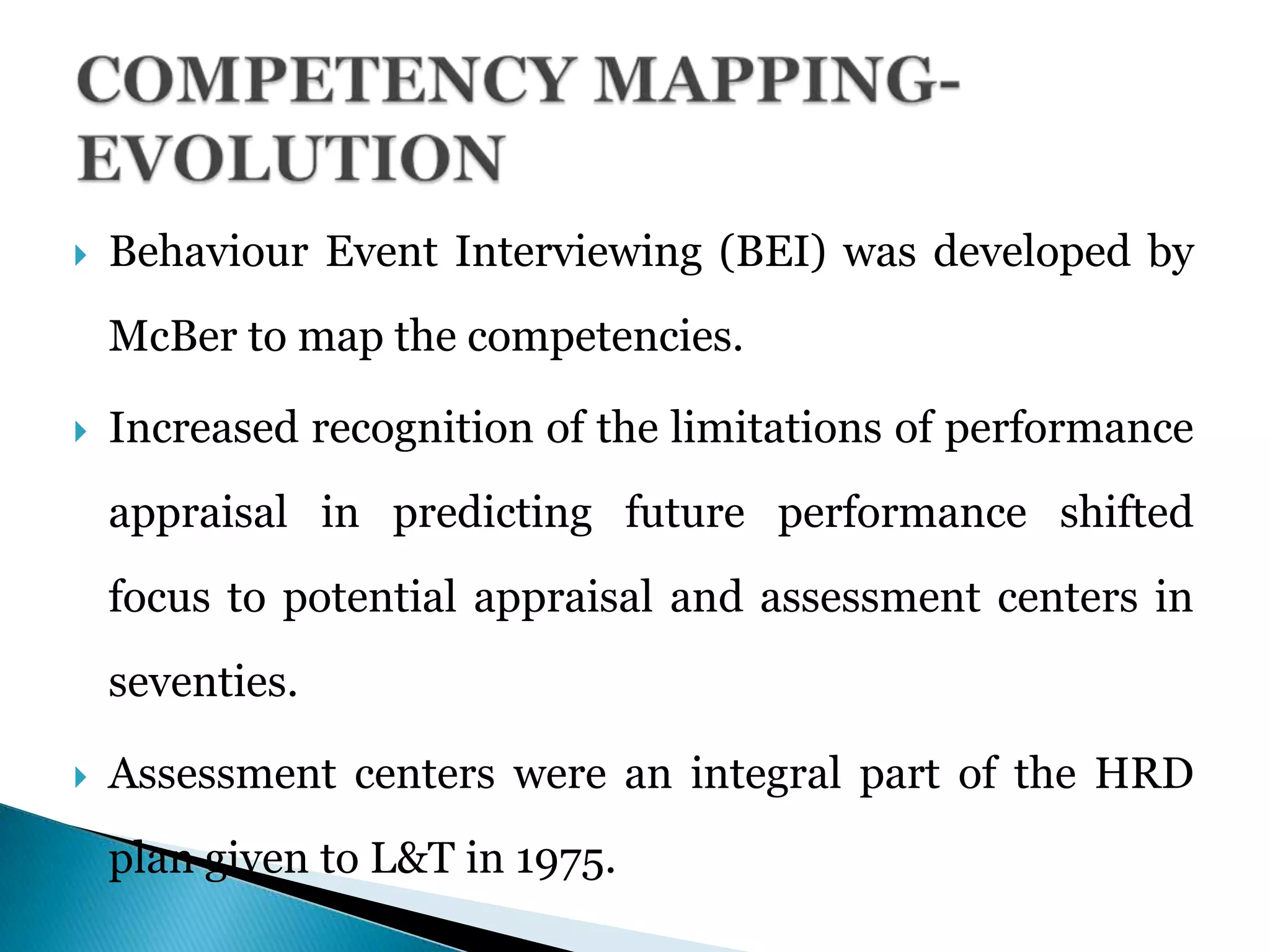  Behaviour Event Interviewing (BEI) was developed by
McBer to map the competencies.
 Increased recognition of the limitations of performance
appraisal in predicting future performance shifted
focus to potential appraisal and assessment centers in
seventies.
 Assessment centers were an integral part of the HRD
plan given to L&T in 1975.
 