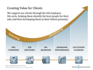 Creating Value for Clients
   We support our clients through the full employee
   life-cycle, helping them identify the best people for their
   jobs and then developing them to their fullest potential.




www.profilesinternational.com
©2012 Profiles International, Inc. All rights reserved.
 