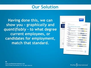 Our Solution

   Having done this, we can
  show you - graphically and
quantifiably - to what degree
    current employees, or
 candidates for employment,
     match that standard.



36
www.profilesinternational.com
©2012 Profiles International, Inc. All rights reserved.
 