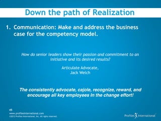Down the path of Realization
1. Communication: Make and address the business
   case for the competency model.


              How do senior leaders show their passion and commitment to an
                             initiative and its desired results?

                                                           Articulate Advocate,
                                                                Jack Welch



            The consistently advocate, cajole, recognize, reward, and
               encourage all key employees In the change effort!


 45
 www.profilesinternational.com
 ©2012 Profiles International, Inc. All rights reserved.
 