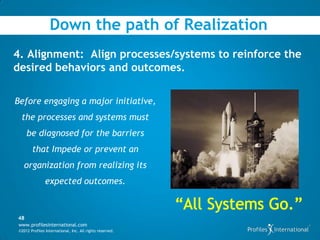 Down the path of Realization
4. Alignment: Align processes/systems to reinforce the
desired behaviors and outcomes.

Before engaging a major initiative,
 the processes and systems must
     be diagnosed for the barriers
       that Impede or prevent an
   organization from realizing its
               expected outcomes.



48
www.profilesinternational.com
©2012 Profiles International, Inc. All rights reserved.
 