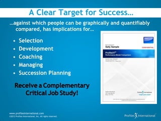 A Clear Target for Success…
…against which people can be graphically and quantifiably
  compared, has implications for…

   •      Selection
   •      Development
   •      Coaching
   •      Managing
   •      Succession Planning




www.profilesinternational.com
©2012 Profiles International, Inc. All rights reserved.
 