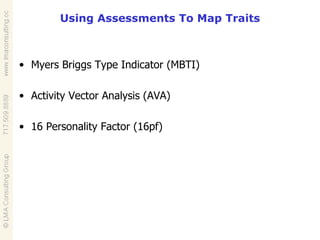Using Assessments To Map Traits Myers Briggs Type Indicator (MBTI) Activity Vector Analysis (AVA) 16 Personality Factor (16pf) 