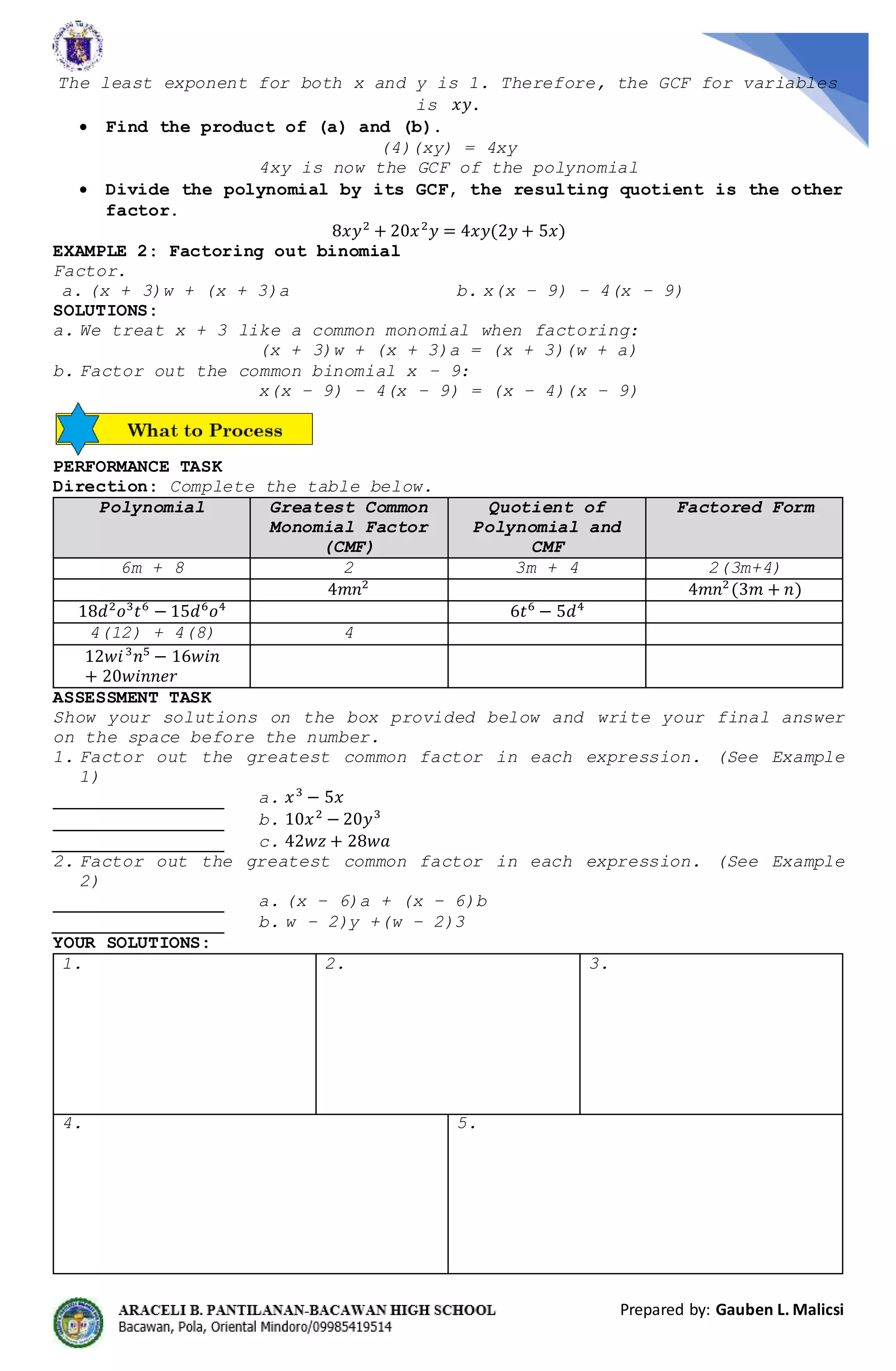 Factoring polynomials with common monomial factor | PDF