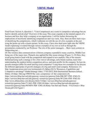 VRINE Model
Final Exam: Section A, Question 1: "Core Competences are a route to competitive advantage but are
hard to identify and develop" Overview of the essay This essay expands on the internal aspects of a
business and how they help a company or an organization. I will be further discussing the
implications of incorrectly identifying competencies and vice versa. Also, there are three main ways
of identifying the competencies, which I elaborate on with the use of a few examples at the end
tying the points up with a clearer picture. In this essay, I have also shed some light onto the VRINE
model explaining it in detail through various examples of my own as well as through the
presentation conducted by our Professor. The role of the senior managers ... Show more content on
Helpwriting.net ...
(8) The wireless data communications solutions company expanded to many countries, Middle East
being one of the major ones. Pinnacle also applied the blue ocean strategy (Figure 1). (9) Here, they
avoid going head to head with the competition and expand to new markets. One of the reasons
behind pursuing such a strategy is for a first–mover advantage, early brand creation, more time
understanding the markets before competition arrives, and more profits for the company. So how do
growth strategies differ for small and big sized companies? Using these two examples let me discuss
the different approaches of growth strategies of a big and small sized company. References: (1)
http://renderman.pixar.com/view/testimonials (2) Akbar (2015),"Resources, Capabilities and
Competitive advantage" Global Strategy slides, 17/03/2015, Hult International Business School,
Dubai. (3) https://hbr.org/1990/05/the–core–competence–of–the–corporation (4)
https://services.hbsp.harvard.edu/gateway–restservice/gateway/links/HK1007–PDF–ENG (5)
https://services.hbsp.harvard.edu/gateway–restservice/gateway/links/W12266–PDF–ENG (6)
http://www.alfainonline.com/aboutus.html (7) https://services.hbsp.harvard.edu/gateway–
restservice/gateway/links/711462–PDF–ENG (8) https://services.hbsp.harvard.edu/gateway–
restservice/gateway/links/903M54–PDF–ENG (9) Burke Van Stel and Thurik – Five Forces v Blue
Ocean.pdf (10) Figure 1
... Get more on HelpWriting.net ...
 