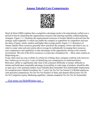 Amana Takaful Core Competencies
Doyle & Stern (2006) explains that a competitive advantage needs to be meticulously crafted over a
period of time by channeling the organizations resources and selecting carefully crafted marketing
strategies. Figure 1.1.1 illustrates the organizational resources of Amana Takaful as derived from the
strategic audit (Appendix 1) which can enable the company to outperform its competitors and earn
the share of hearts, minds, markets and higher than average profits. Figure 1.1.1 Resources of
Amana Takaful These resources generally show and direct the company of how and what to use, in
order to create value and earn returns above average by methodically leveraging their resources,
core competencies and capabilities to take advantages of the opportunities arising in the external
environment. The role of the firm's resources is to provide a foundation for ... Show more content on
Helpwriting.net ...
It may often seem too easy to think of a whole list of things that a company could do well, however;
the 2 authors go on two give 3 ways of identifying core competencies as mentioned below.
Relevance: ability to significantly add value to the customers Difficulty to imitate: difficulty to
imitate and build upon sustainable advantage Accessibility to wide range of markets: should be able
to open up to a few potential markets Asset Valuable Rare Inimitable Non Substitutable Implications
for competitiveness Takaful Excellence for 17 years Yes Yes Yes Yes Sustain CA Skilled employees
with specialist competencies Yes Yes Yes Yes Sustain CA Sales and channel effectiveness Yes No
No No Competitive parity Marketing capability ( shariah complaint) Yes Yes Yes No Sustainable
... Get more on HelpWriting.net ...
 