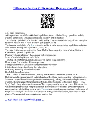 Differences Between Ordinary And Dynamic Capabilities
3.1.3 Firm Capabilities
A firm possesses two different kinds of capabilities, the so called ordinary capabilities and the
dynamic capabilities. They are quite distinct in theory and in practice:
The ordinary capabilities of a firm refer to its ability to use and coordinate tangible and intangible
resources with the aim to reach a desired goal (Teece, 2014).
The dynamic capabilities of a firm refer to its ability to build upon existing capabilities and at the
same time to develop new capabilities (Teece, 2014).
The basic distinctions are outlined in Table 3 below from a practical point of view: Ordinary
Capabilities Dynamic Capabilities
Purpose Technical efficiency Congruence with opportunities
Mode of attainability Buy or build Build
Tripartite schema Operate, administrate, govern Sense, seize, transform
Key routines Best practices Signature processes
Managerial emphasis Cost control Entrepreneurial leadership
Priority Doing things right Doing the right things
Imitability Relatively imitable Inimitable
Result Efficiency Innovation
Table 3: Some Differences between Ordinary and Dynamic Capabilities (Teece, 2014)
Ordinary capabilities are focused on the allocation of ... Show more content on Helpwriting.net ...
Sustained competitive success requires continuous sensing, seizing, and transforming in order to
overcome the challenges that changing customers, competitors and technologies brings (Teece,
2014). Such changes in the environment of the company usually occur over time. This means that
while making the transition companies in such industries have to maintain certain former core
competencies while building up new ones. The core competencies are defined as a combination of
tangible and intangible resources and skill which distinguishes the company from other market
players. The concept of core competencies foresees that
... Get more on HelpWriting.net ...
 