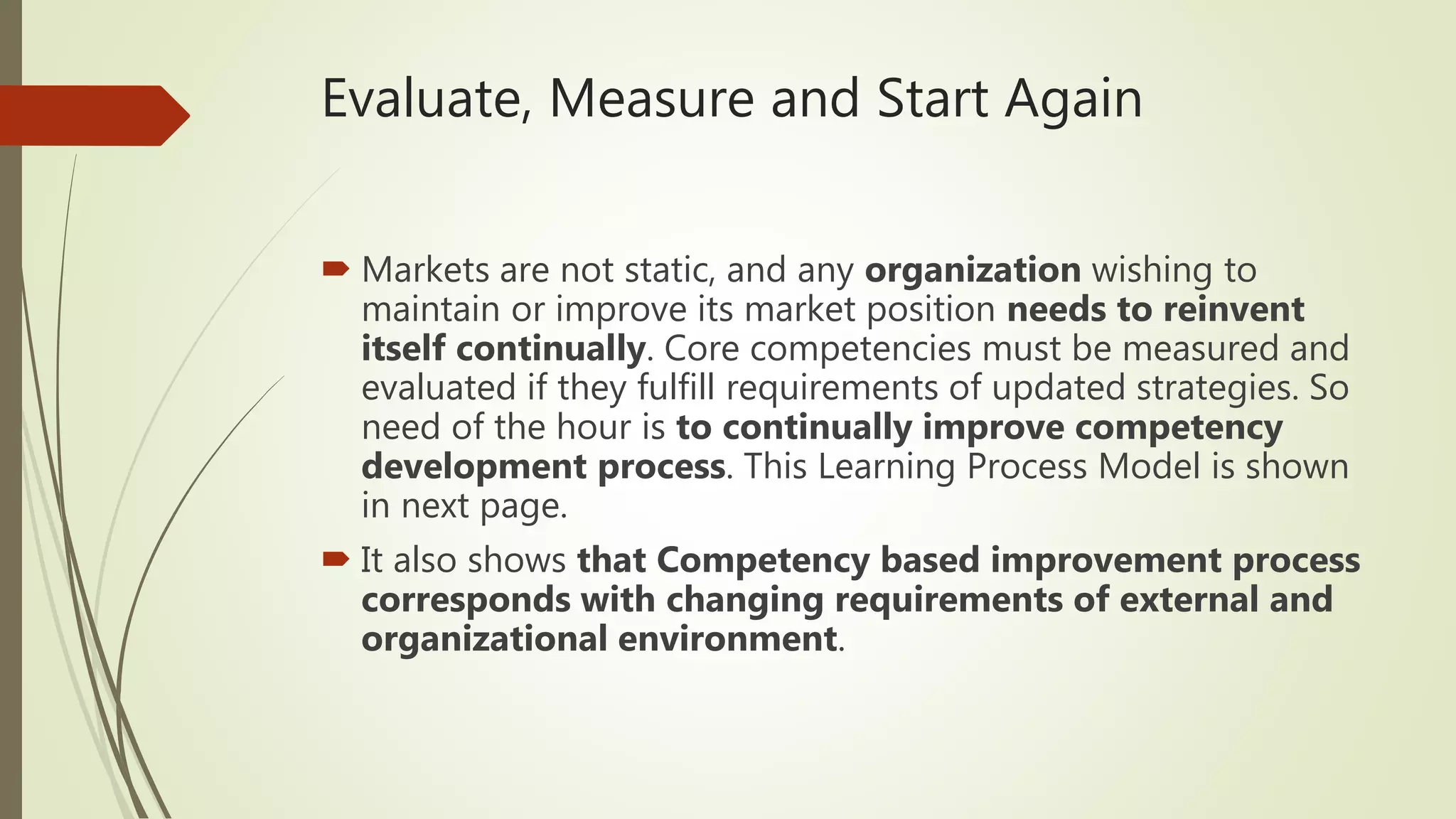 Evaluate, Measure and Start Again
 Markets are not static, and any organization wishing to
maintain or improve its market position needs to reinvent
itself continually. Core competencies must be measured and
evaluated if they fulfill requirements of updated strategies. So
need of the hour is to continually improve competency
development process. This Learning Process Model is shown
in next page.
 It also shows that Competency based improvement process
corresponds with changing requirements of external and
organizational environment.
 