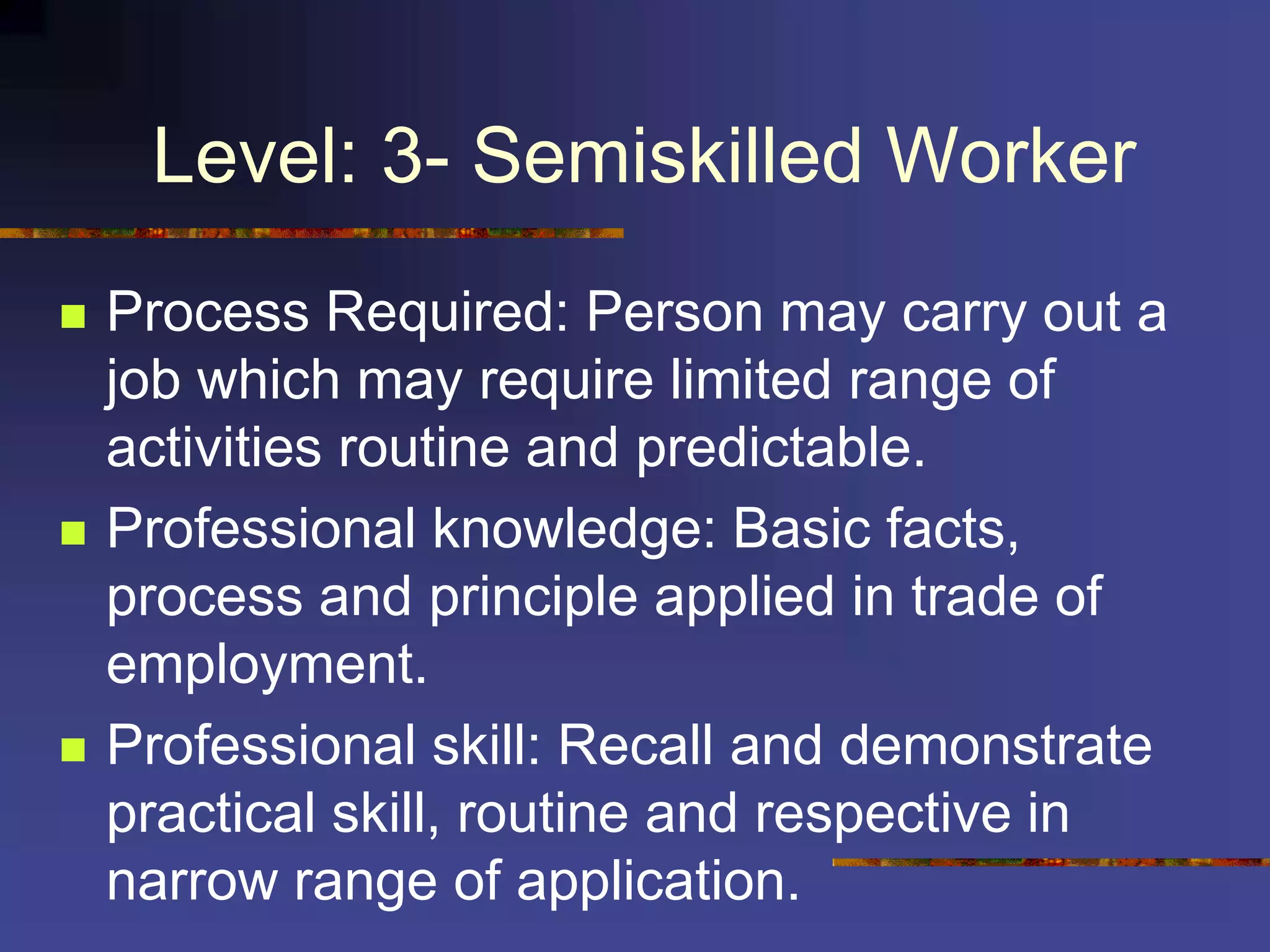 Level: 3- Semiskilled Worker
 Process Required: Person may carry out a
job which may require limited range of
activities routine and predictable.
 Professional knowledge: Basic facts,
process and principle applied in trade of
employment.
 Professional skill: Recall and demonstrate
practical skill, routine and respective in
narrow range of application.
 