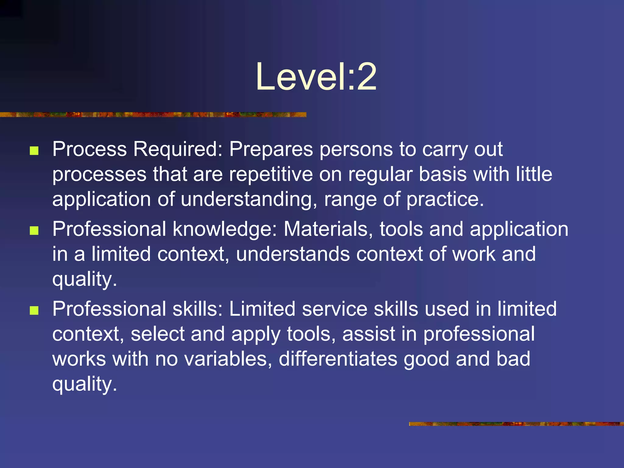 Level:2
 Process Required: Prepares persons to carry out
processes that are repetitive on regular basis with little
application of understanding, range of practice.
 Professional knowledge: Materials, tools and application
in a limited context, understands context of work and
quality.
 Professional skills: Limited service skills used in limited
context, select and apply tools, assist in professional
works with no variables, differentiates good and bad
quality.
 