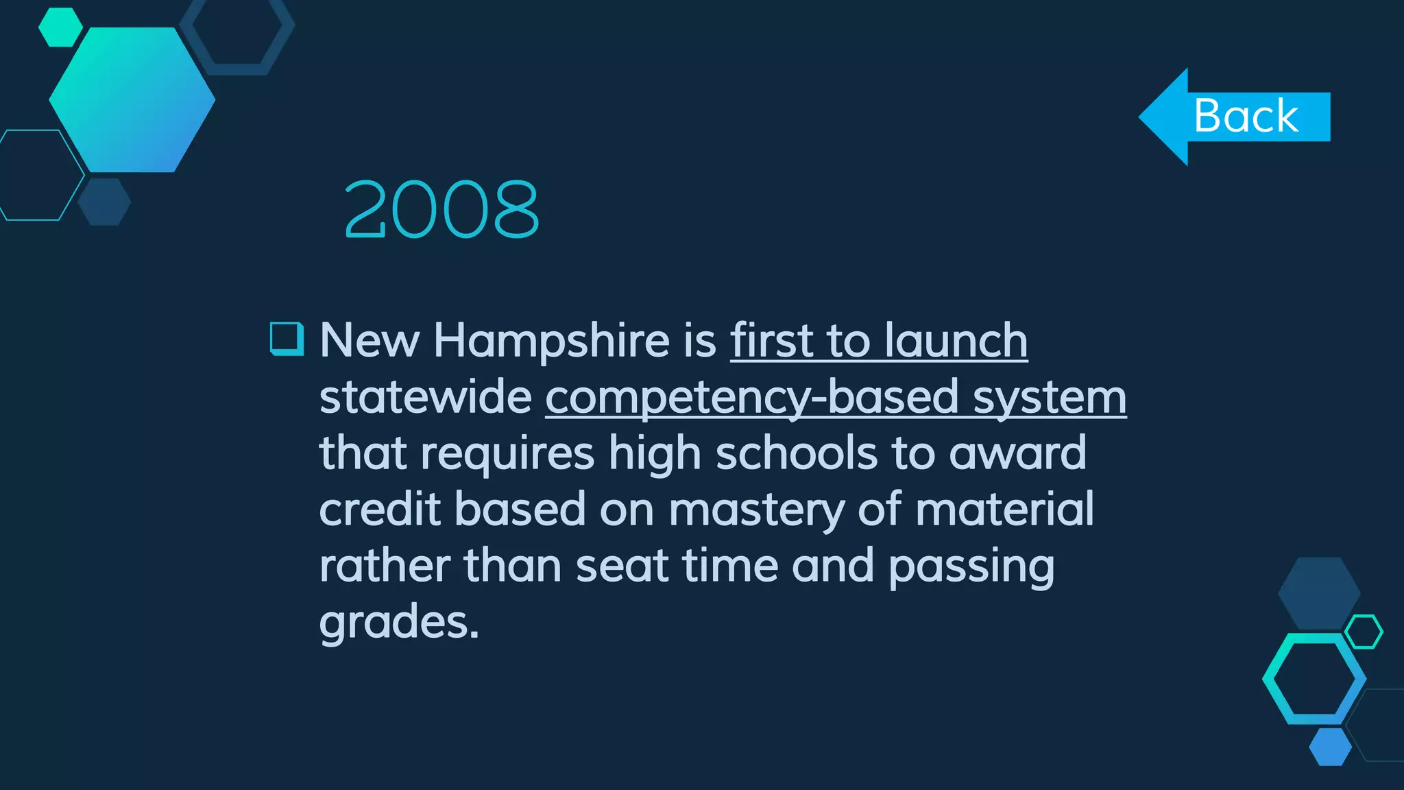 2008
 New Hampshire is first to launch
statewide competency-based system
that requires high schools to award
credit based on mastery of material
rather than seat time and passing
grades.
Back
 