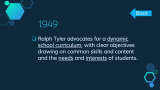 1949
 Ralph Tyler advocates for a dynamic
school curriculum, with clear objectives
drawing on common skills and content
and the needs and interests of students.
Back
 