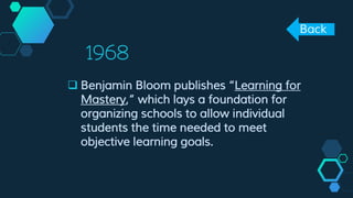 1968
 Benjamin Bloom publishes “Learning for
Mastery,” which lays a foundation for
organizing schools to allow individual
students the time needed to meet
objective learning goals.
Back
 