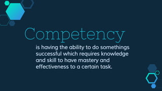 Competency
is having the ability to do somethings
successful which requires knowledge
and skill to have mastery and
effectiveness to a certain task.
 