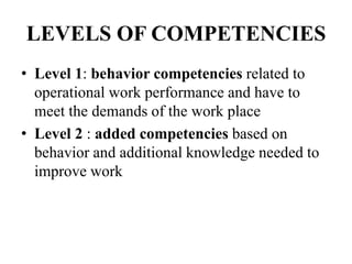 LEVELS OF COMPETENCIES
• Level 1: behavior competencies related to
operational work performance and have to
meet the demands of the work place
• Level 2 : added competencies based on
behavior and additional knowledge needed to
improve work
 