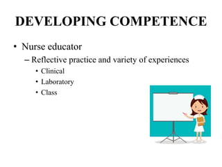 DEVELOPING COMPETENCE
• Nurse educator
– Reflective practice and variety of experiences
• Clinical
• Laboratory
• Class
 