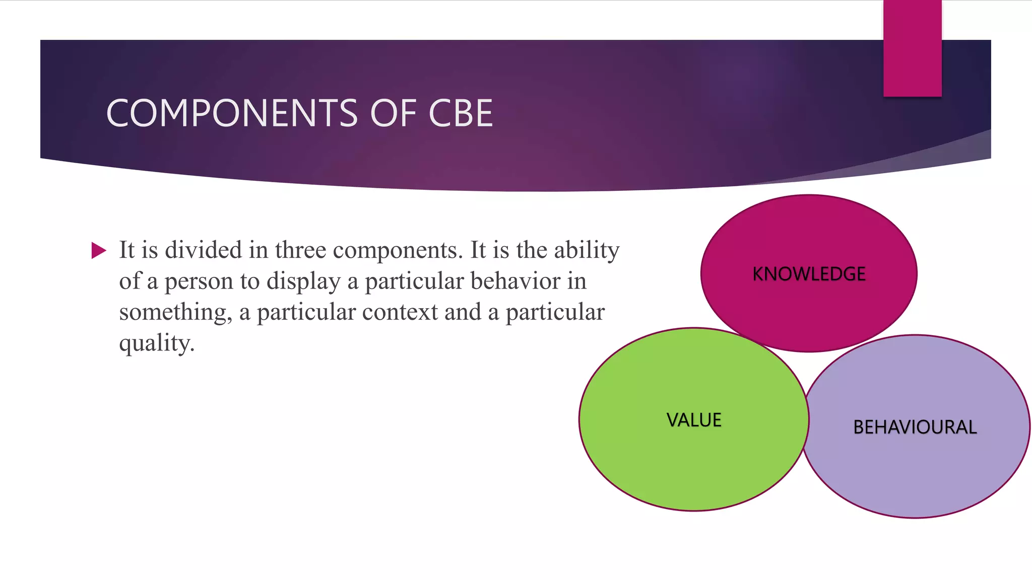 COMPONENTS OF CBE
 It is divided in three components. It is the ability
of a person to display a particular behavior in
something, a particular context and a particular
quality.
KNOWLEDGE
BEHAVIOURAL
VALUE
 