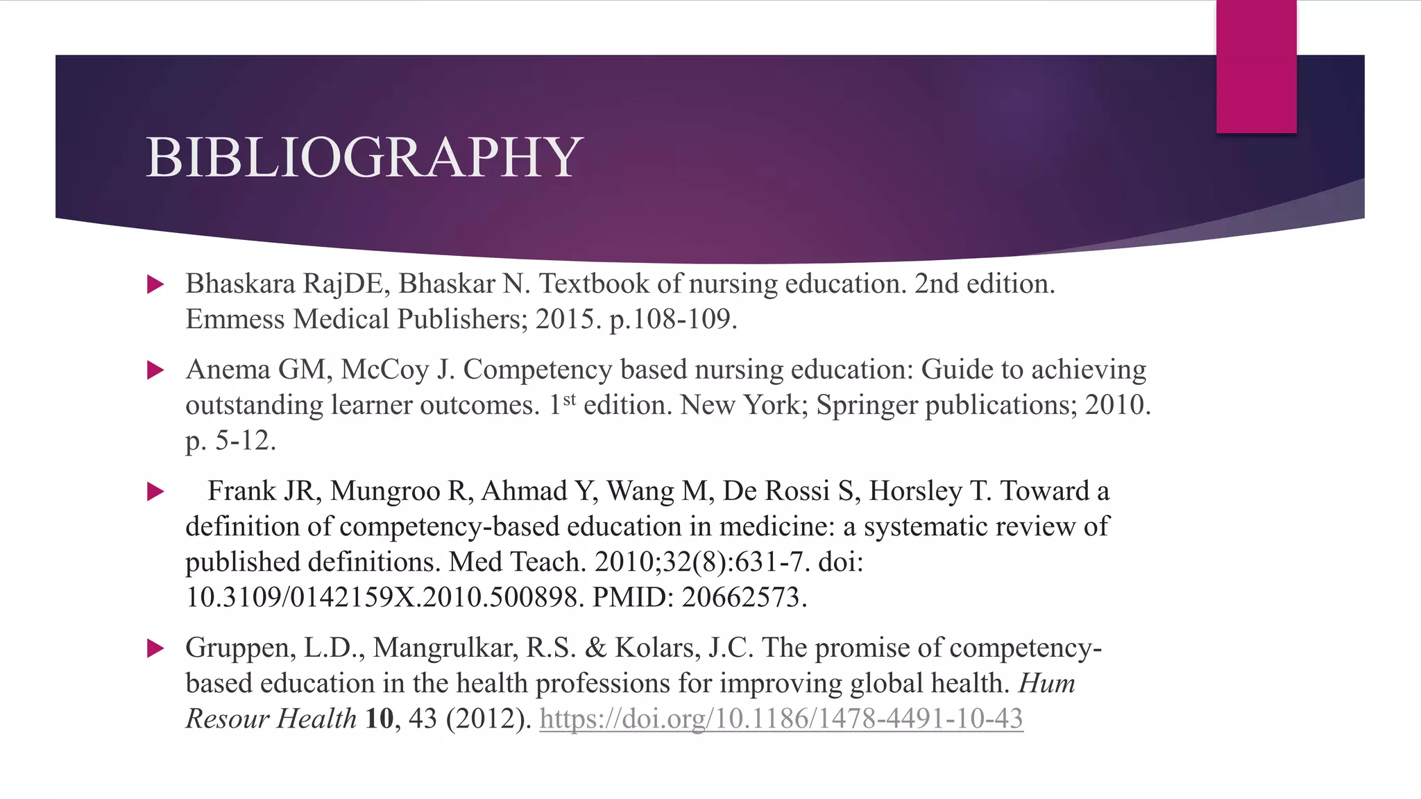 BIBLIOGRAPHY
 Bhaskara RajDE, Bhaskar N. Textbook of nursing education. 2nd edition.
Emmess Medical Publishers; 2015. p.108-109.
 Anema GM, McCoy J. Competency based nursing education: Guide to achieving
outstanding learner outcomes. 1st edition. New York; Springer publications; 2010.
p. 5-12.
 Frank JR, Mungroo R, Ahmad Y, Wang M, De Rossi S, Horsley T. Toward a
definition of competency-based education in medicine: a systematic review of
published definitions. Med Teach. 2010;32(8):631-7. doi:
10.3109/0142159X.2010.500898. PMID: 20662573.
 Gruppen, L.D., Mangrulkar, R.S. & Kolars, J.C. The promise of competency-
based education in the health professions for improving global health. Hum
Resour Health 10, 43 (2012). https://doi.org/10.1186/1478-4491-10-43
 