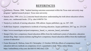 REFERENCES
• Castleberry, Thomas. 2006. "student learning outcomes assessment within the Texas state university map
program." applied research project. Texas state university.
• Sunseri, Ron. 1994. o.b.e. [i.e.] outcome based education: understanding the truth about education reform.
sisters, ore.: multnomah books. 235 p. isbn 0-88070-710-
• Neerja k p. textbook of nursing education. fifth edition: Jaypee publishers. pg. no. 267- 269.
• Sodhi Kaur Jaspreet. comprehensive textbook of nursing education. Jaypee publishers; 2017 pg. no. 233-234
• https://www.researchgate.net/post/competency_based_vs_outcome_based_curriculum
• Sturgis Chris. how competency-based education differs from the traditional system of education. education
domain blog. https://aurora-institute.org/blog/how-competency-based-education-differs-from-the-traditional-
system-of-education/
• Foster Bowman R. Melissa, Jones M. Christopher .21 October 2020.the effects of competency-based
education delivery methods on competency level: a quantitative study. Wiley online library.
https://onlinelibrary.wiley.com./doi/full/10.1002/cbe2.1226
 