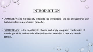 INTRODUCTION
• COMPETENCE: is the capacity to realize (up to standard) the key occupational task
that characterize a profession (specific).
• COMPETENCY: is the capability to choose and apply integrated combination of
knowledge, skills and attitude with the intention to realize a task in a certain
context.
 