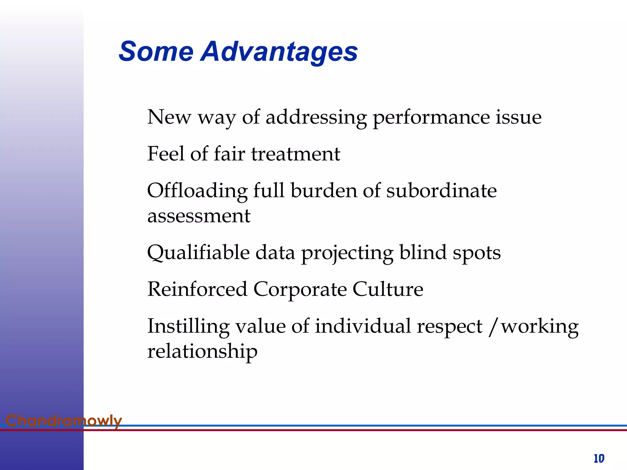 10
Chandramowly
Some Advantages
New way of addressing performance issue
Feel of fair treatment
Offloading full burden of subordinate
assessment
Qualifiable data projecting blind spots
Reinforced Corporate Culture
Instilling value of individual respect /working
relationship
 