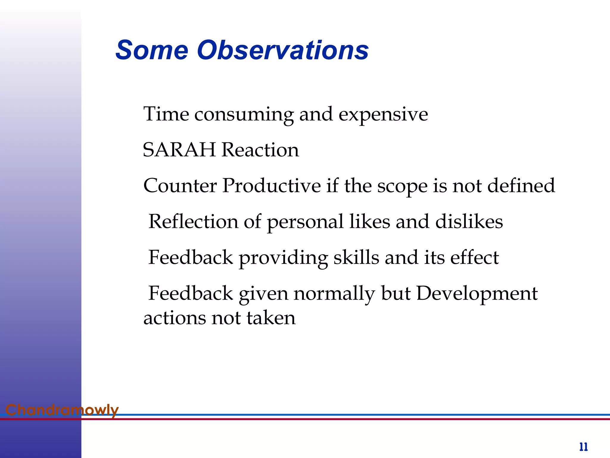 11
Chandramowly
Some Observations
Time consuming and expensive
SARAH Reaction
Counter Productive if the scope is not defined
Reflection of personal likes and dislikes
Feedback providing skills and its effect
Feedback given normally but Development
actions not taken
 