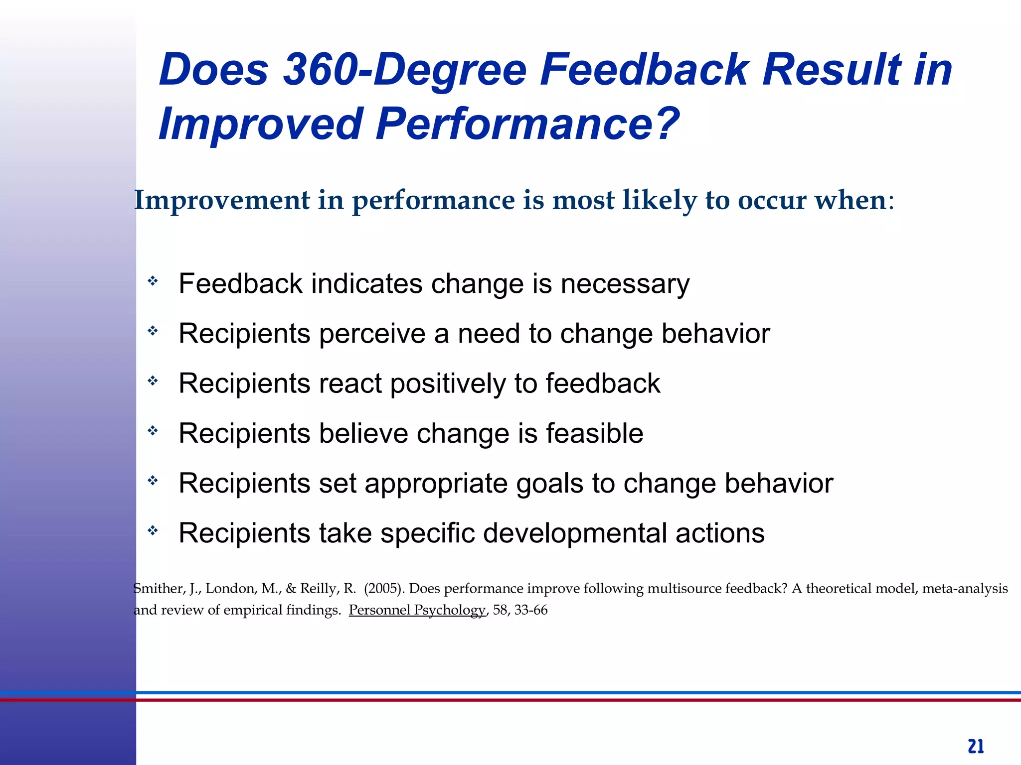 21
Improvement in performance is most likely to occur when:

Feedback indicates change is necessary

Recipients perceive a need to change behavior

Recipients react positively to feedback

Recipients believe change is feasible

Recipients set appropriate goals to change behavior

Recipients take specific developmental actions
Smither, J., London, M., & Reilly, R. (2005). Does performance improve following multisource feedback? A theoretical model, meta-analysis
and review of empirical findings. Personnel Psychology, 58, 33-66
Does 360-Degree Feedback Result in
Improved Performance?
 