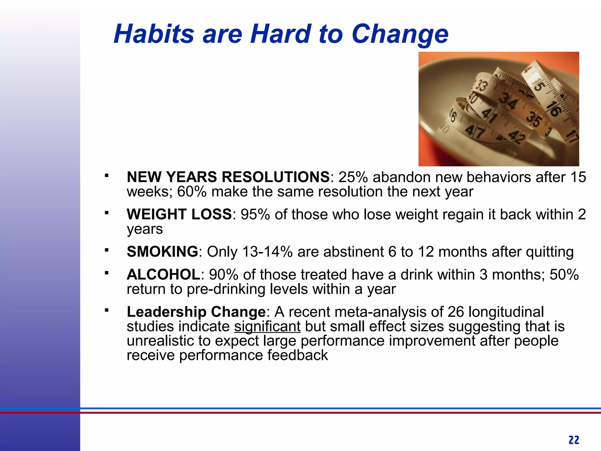 22
Habits are Hard to Change
 NEW YEARS RESOLUTIONS: 25% abandon new behaviors after 15
weeks; 60% make the same resolution the next year
 WEIGHT LOSS: 95% of those who lose weight regain it back within 2
years
 SMOKING: Only 13-14% are abstinent 6 to 12 months after quitting
 ALCOHOL: 90% of those treated have a drink within 3 months; 50%
return to pre-drinking levels within a year
 Leadership Change: A recent meta-analysis of 26 longitudinal
studies indicate significant but small effect sizes suggesting that is
unrealistic to expect large performance improvement after people
receive performance feedback
 