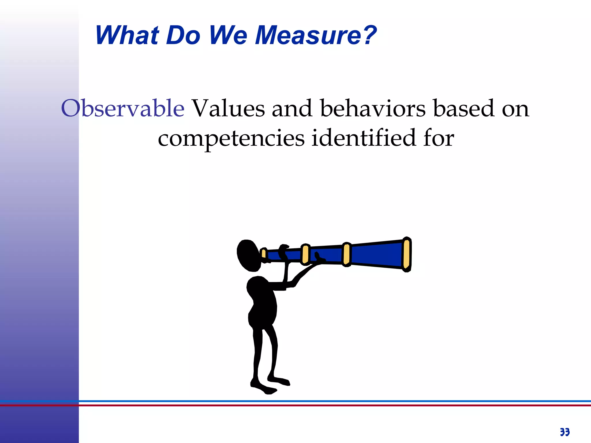 33
What Do We Measure?
Observable Values and behaviors based on
competencies identified for
 