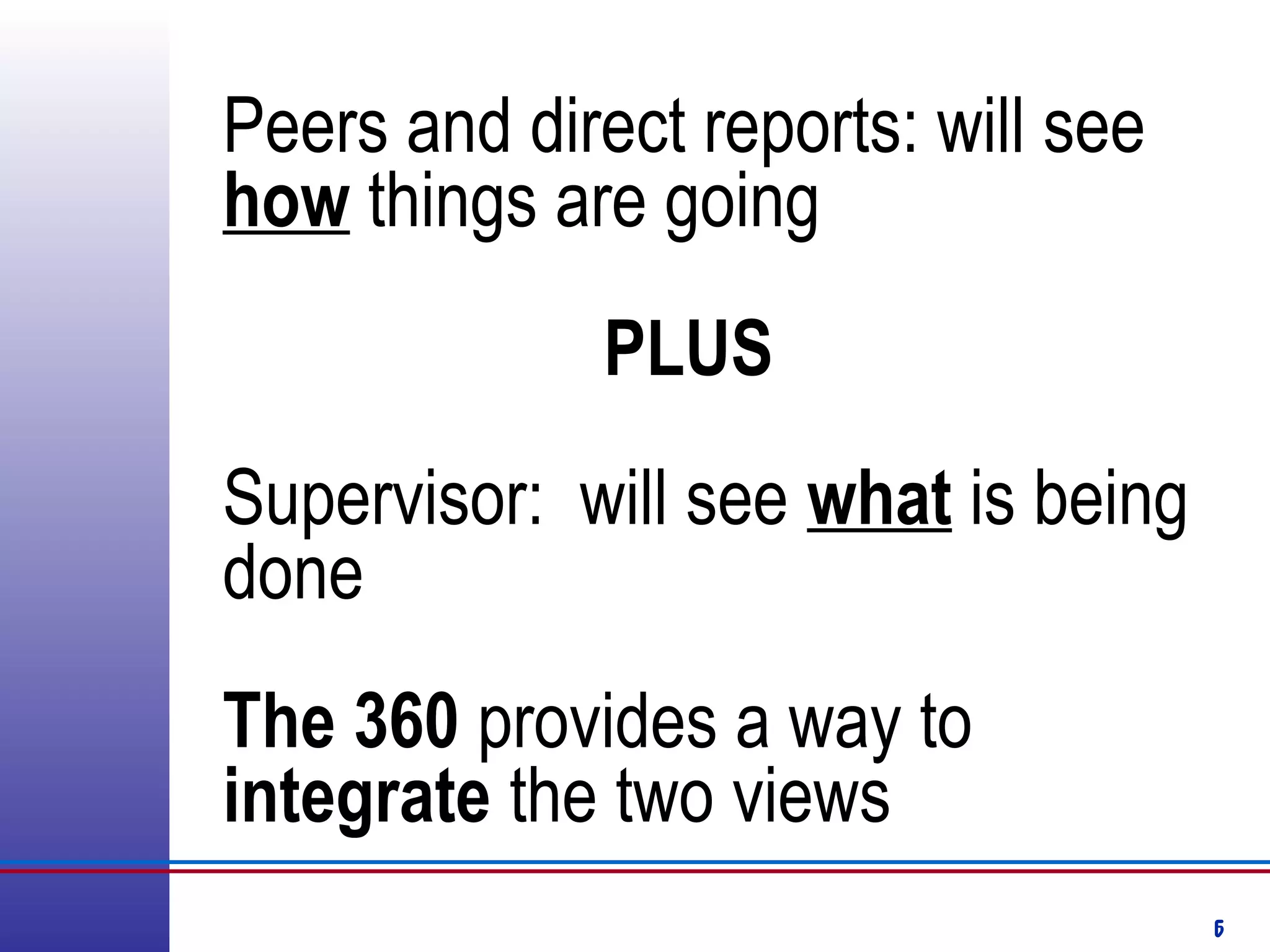 6
Peers and direct reports: will see
how things are going
PLUS
Supervisor: will see what is being
done
The 360 provides a way to
integrate the two views
 