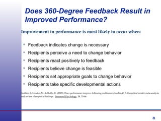 21
Improvement in performance is most likely to occur when:

Feedback indicates change is necessary

Recipients perceive a need to change behavior

Recipients react positively to feedback

Recipients believe change is feasible

Recipients set appropriate goals to change behavior

Recipients take specific developmental actions
Smither, J., London, M., & Reilly, R. (2005). Does performance improve following multisource feedback? A theoretical model, meta-analysis
and review of empirical findings. Personnel Psychology, 58, 33-66
Does 360-Degree Feedback Result in
Improved Performance?
 