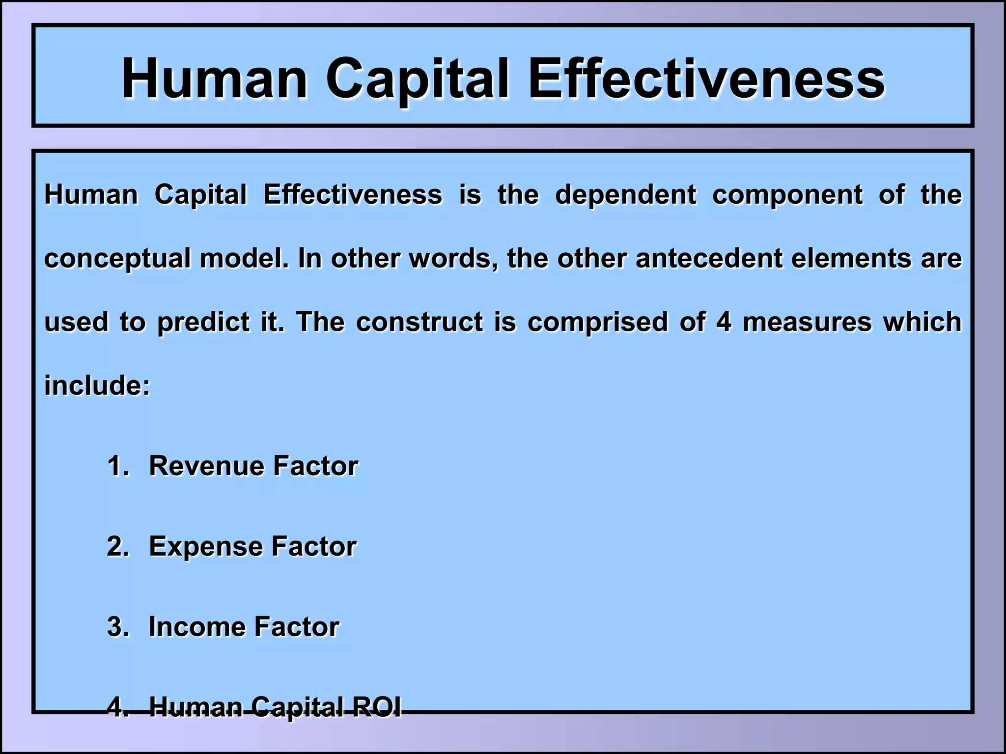 Human Capital Effectiveness
Human Capital Effectiveness is the dependent component of the

conceptual model. In other words, the other antecedent elements are

used to predict it. The construct is comprised of 4 measures which

include:

    1. Revenue Factor

    2. Expense Factor

    3. Income Factor

    4. Human Capital ROI
 