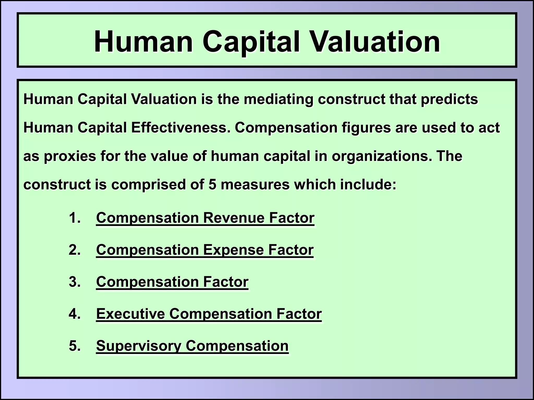 Human Capital Valuation
Human Capital Valuation is the mediating construct that predicts
Human Capital Effectiveness. Compensation figures are used to act
as proxies for the value of human capital in organizations. The
construct is comprised of 5 measures which include:

      1.   Compensation Revenue Factor

      2.   Compensation Expense Factor

      3.   Compensation Factor

      4.   Executive Compensation Factor

      5.   Supervisory Compensation
 