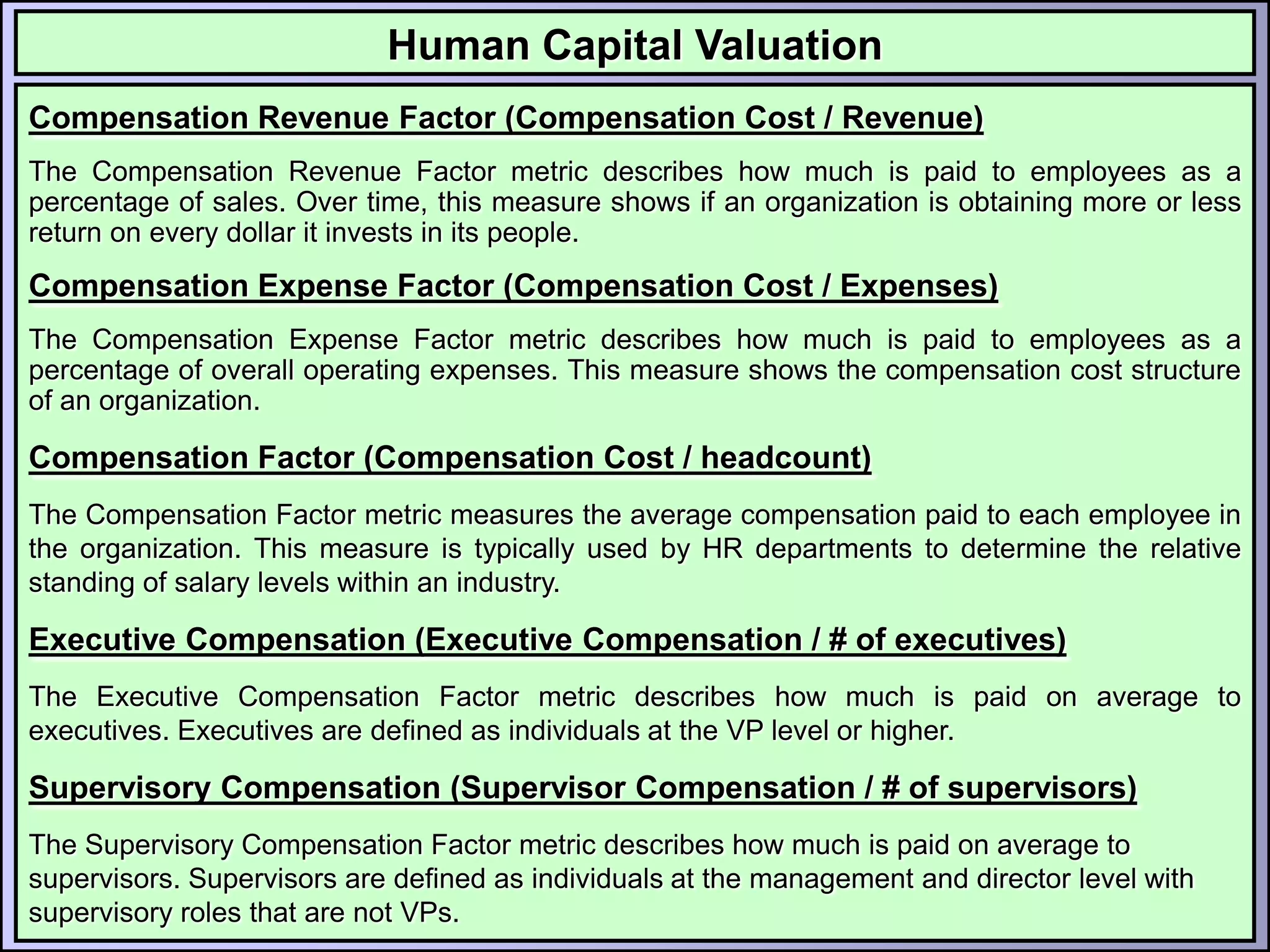 Human Capital Valuation
Compensation Revenue Factor (Compensation Cost / Revenue)
The Compensation Revenue Factor metric describes how much is paid to employees as a
percentage of sales. Over time, this measure shows if an organization is obtaining more or less
return on every dollar it invests in its people.
Compensation Expense Factor (Compensation Cost / Expenses)
The Compensation Expense Factor metric describes how much is paid to employees as a
percentage of overall operating expenses. This measure shows the compensation cost structure
of an organization.

Compensation Factor (Compensation Cost / headcount)
The Compensation Factor metric measures the average compensation paid to each employee in
the organization. This measure is typically used by HR departments to determine the relative
standing of salary levels within an industry.

Executive Compensation (Executive Compensation / # of executives)
The Executive Compensation Factor metric describes how much is paid on average to
executives. Executives are defined as individuals at the VP level or higher.

Supervisory Compensation (Supervisor Compensation / # of supervisors)
The Supervisory Compensation Factor metric describes how much is paid on average to
supervisors. Supervisors are defined as individuals at the management and director level with
supervisory roles that are not VPs.
 
