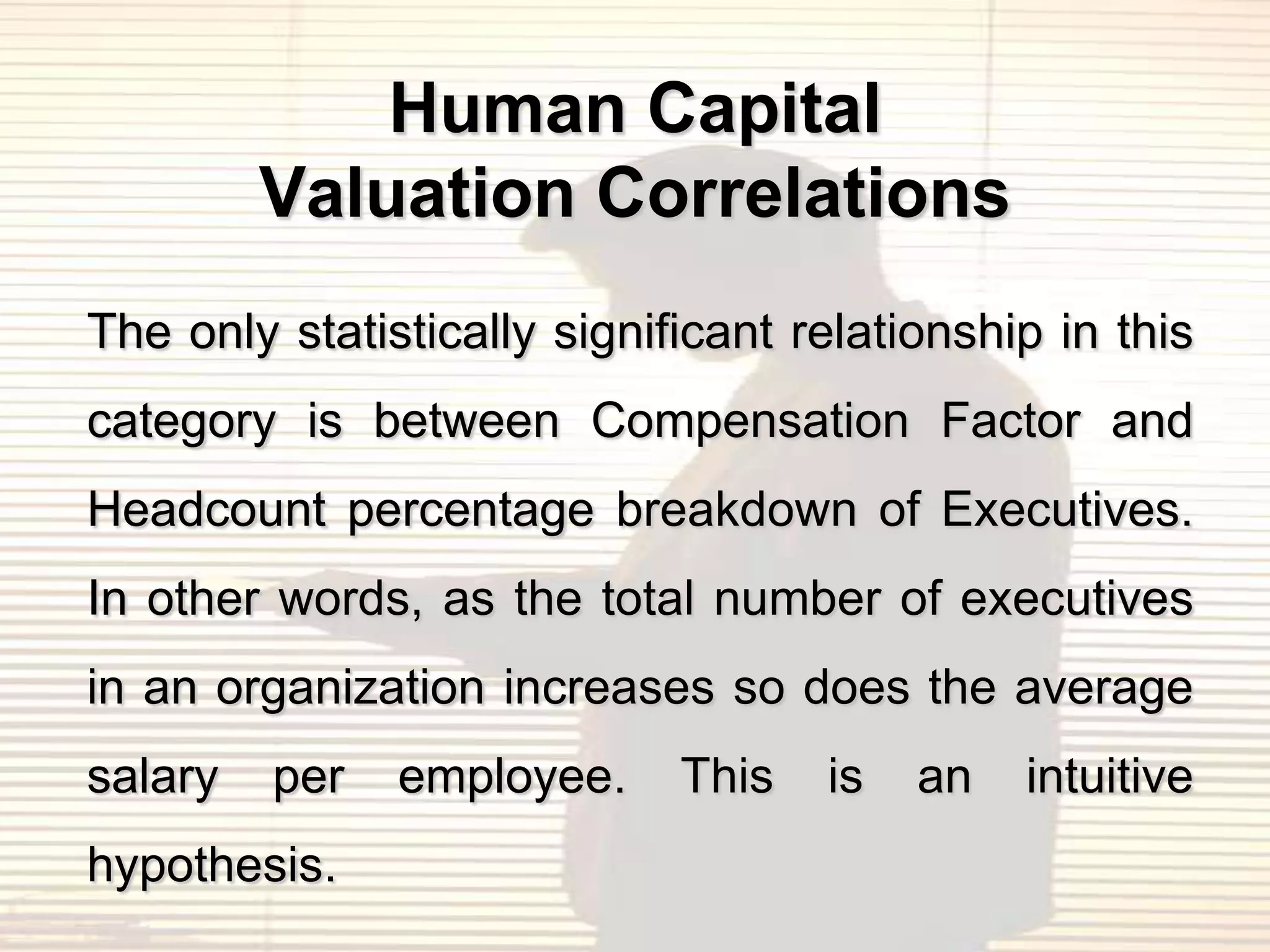Human Capital
         Valuation Correlations
The only statistically significant relationship in this
category is between Compensation Factor and
Headcount percentage breakdown of Executives.
In other words, as the total number of executives
in an organization increases so does the average
salary   per   employee.     This   is   an   intuitive
hypothesis.
 