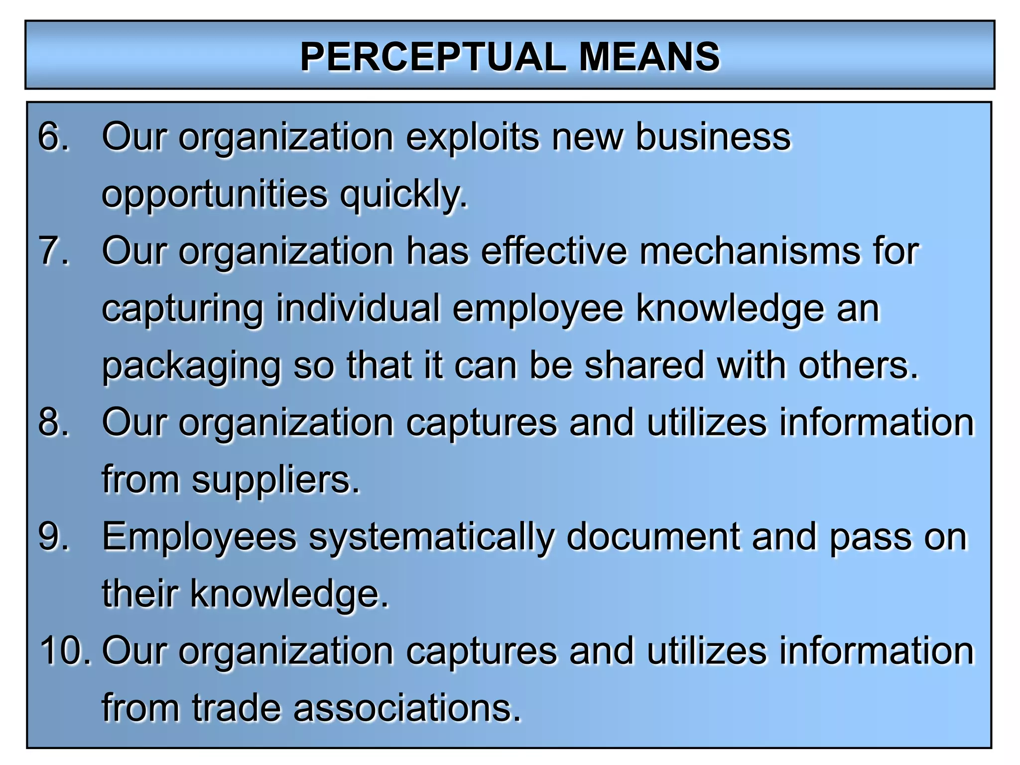 PERCEPTUAL MEANS

6. Our organization exploits new business
    opportunities quickly.
7. Our organization has effective mechanisms for
    capturing individual employee knowledge an
    packaging so that it can be shared with others.
8. Our organization captures and utilizes information
    from suppliers.
9. Employees systematically document and pass on
    their knowledge.
10. Our organization captures and utilizes information
    from trade associations.
 