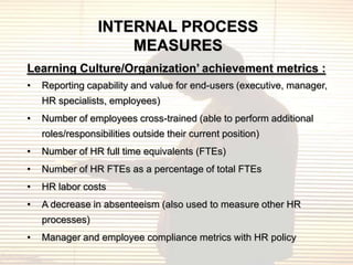 INTERNAL PROCESS
                     MEASURES
Learning Culture/Organization’ achievement metrics :
•   Reporting capability and value for end-users (executive, manager,
    HR specialists, employees)
•   Number of employees cross-trained (able to perform additional
    roles/responsibilities outside their current position)
•   Number of HR full time equivalents (FTEs)
•   Number of HR FTEs as a percentage of total FTEs
•   HR labor costs
•   A decrease in absenteeism (also used to measure other HR
    processes)
•   Manager and employee compliance metrics with HR policy
 