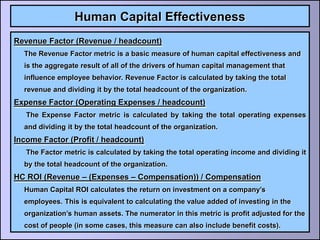 Human Capital Effectiveness
Revenue Factor (Revenue / headcount)
  The Revenue Factor metric is a basic measure of human capital effectiveness and
  is the aggregate result of all of the drivers of human capital management that
  influence employee behavior. Revenue Factor is calculated by taking the total
  revenue and dividing it by the total headcount of the organization.
Expense Factor (Operating Expenses / headcount)
   The Expense Factor metric is calculated by taking the total operating expenses
  and dividing it by the total headcount of the organization.
Income Factor (Profit / headcount)
   The Factor metric is calculated by taking the total operating income and dividing it
  by the total headcount of the organization.
HC ROI (Revenue – (Expenses – Compensation)) / Compensation
  Human Capital ROI calculates the return on investment on a company’s
  employees. This is equivalent to calculating the value added of investing in the
  organization’s human assets. The numerator in this metric is profit adjusted for the
  cost of people (in some cases, this measure can also include benefit costs).
 