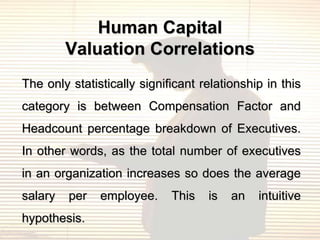 Human Capital
         Valuation Correlations
The only statistically significant relationship in this
category is between Compensation Factor and
Headcount percentage breakdown of Executives.
In other words, as the total number of executives
in an organization increases so does the average
salary   per   employee.     This   is   an   intuitive
hypothesis.
 