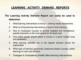 LEARNING ACTIVITY DEMAND REPORTS

The Learning Activity Demand Report can easily be used to
   determine:
   1.   What learning interventions to bring in (training needs assessment)
   2.   When to bring learning interventions in (just-in-time training)
   3.   How to modularize courses to provide targeted and competency-
        specific education to the most people for the least cost
   4.   How many people should attend a course in a given subject area
        and geography
   5.   What learning activities are in the highest demand across the
        organization
   6.   What type of learning opportunity (classroom-based courses, online
        learning) is most cost effective
   7. Changes in Competency Health after learning interventions
 