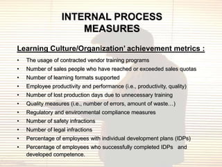 INTERNAL PROCESS
                      MEASURES
Learning Culture/Organization’ achievement metrics :
•   The usage of contracted vendor training programs
•   Number of sales people who have reached or exceeded sales quotas
•   Number of learning formats supported
•   Employee productivity and performance (i.e., productivity, quality)
•   Number of lost production days due to unnecessary training
•   Quality measures (i.e., number of errors, amount of waste…)
•   Regulatory and environmental compliance measures
•   Number of safety infractions
•   Number of legal infractions
•   Percentage of employees with individual development plans (IDPs)
•   Percentage of employees who successfully completed IDPs and
    developed competence.
 
