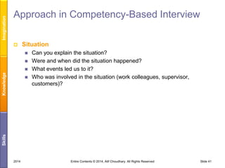 Imagination

Approach in Competency-Based Interview


Situation



Knowledge



Skills



Can you explain the situation?
Were and when did the situation happened?
What events led us to it?
Who was involved in the situation (work colleagues, supervisor,
customers)?

2014

Entire Contents © 2014, Atif Choudhary. All Rights Reserved

Slide 41

 