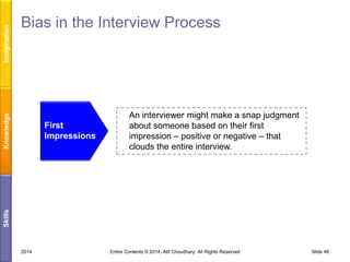 Imagination
Knowledge

Bias in the Interview Process

Skills

First
Impressions

An interviewer might make a snap judgment
about someone based on their first
impression – positive or negative – that
clouds the entire interview.

2014

Entire Contents © 2014, Atif Choudhary. All Rights Reserved

Slide 46

 