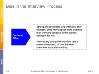 Imagination
Knowledge

Bias in the Interview Process

Contrast
Effect

Strong(er) candidates who interview after
weak(er) ones may appear more qualified
than they are because of the contrast
between the two.

Skills

Note taking during the interview and a
reasonable period of time between
interviews may alleviate this.

2014

Entire Contents © 2014, Atif Choudhary. All Rights Reserved

Slide 48

 