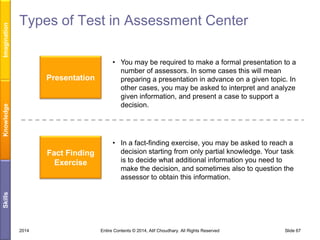 Imagination

Types of Test in Assessment Center

Knowledge

Presentation

• In a fact-finding exercise, you may be asked to reach a
decision starting from only partial knowledge. Your task
is to decide what additional information you need to
make the decision, and sometimes also to question the
assessor to obtain this information.

Skills

Fact Finding
Exercise

• You may be required to make a formal presentation to a
number of assessors. In some cases this will mean
preparing a presentation in advance on a given topic. In
other cases, you may be asked to interpret and analyze
given information, and present a case to support a
decision.

2014

Entire Contents © 2014, Atif Choudhary. All Rights Reserved

Slide 67

 