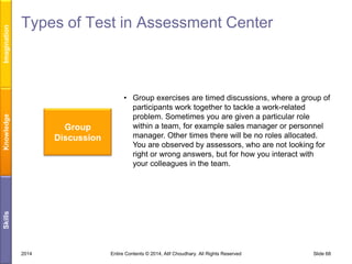 Imagination
Knowledge

Types of Test in Assessment Center

Skills

Group
Discussion

• Group exercises are timed discussions, where a group of
participants work together to tackle a work-related
problem. Sometimes you are given a particular role
within a team, for example sales manager or personnel
manager. Other times there will be no roles allocated.
You are observed by assessors, who are not looking for
right or wrong answers, but for how you interact with
your colleagues in the team.

2014

Entire Contents © 2014, Atif Choudhary. All Rights Reserved

Slide 68

 