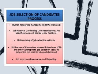 JOB SELECTION OF CANDIDATES
PROCESS
• Human resources management (HRM) Planning;
• Job Analysis (to develop Job Descriptio...