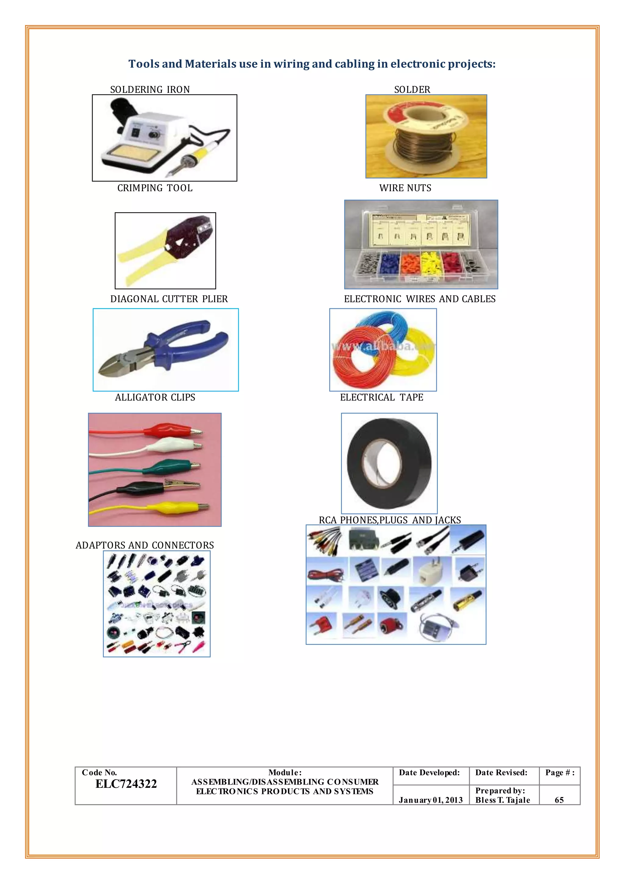 Tools and Materials use in wiring and cabling in electronic projects:
SOLDERING IRON SOLDER
CRIMPING TOOL WIRE NUTS
DIAGONAL CUTTER PLIER ELECTRONIC WIRES AND CABLES
ALLIGATOR CLIPS ELECTRICAL TAPE
RCA PHONES,PLUGS AND JACKS
ADAPTORS AND CONNECTORS
Code No.
ELC724322
Module:
ASSEMBLING/DISASSEMBLING CONSUMER
ELECTRONICS PRODUCTS AND SYSTEMS
Date Developed: Date Revised: Page # :
January01, 2013
Prepared by:
Bless T. Tajale 65
 
